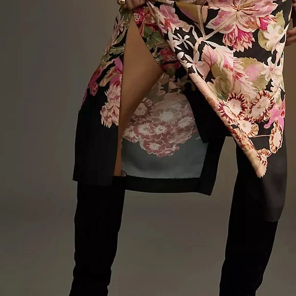 Anthropologie Pink & Black Floral Side-Slit Midi Skirt - Size 10 - Picture 2 of 8